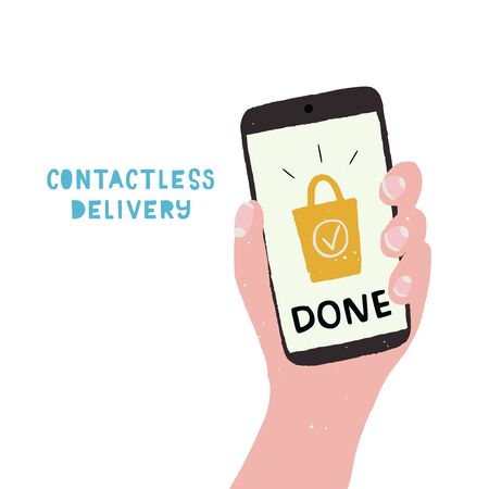 Contactless delivery illustration in flat style. Cartoon hand with cell phone and text Done on screen. Coronavirus measure icon for online shopping, web store, application, apparel, bannerのイラスト素材