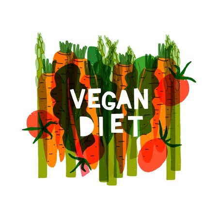 Vegetable banner with flat style carrot, asparagus, tomato, green leaves and copy space for inscription. Layout template for vegan theme presentation, blog, app, brochure, site. Healthy food backdropのイラスト素材