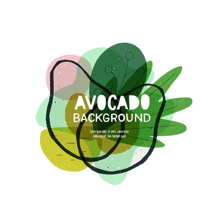 Modern liquid blobs layout with hand drawn elements. Abstract banner with floral paint splashes and avocado halves. Overlapping wavy and natural shapes template for cover, card, apparel, blog, vlogのイラスト素材