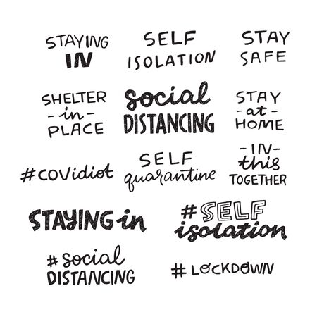 Set of hand lettering messages for stay home campaign. Protect from Coronavirus or Covid-19 epidemic handwritten hashtags. Self-isolation, quarantine phrases for social media, stickers, tagsのイラスト素材