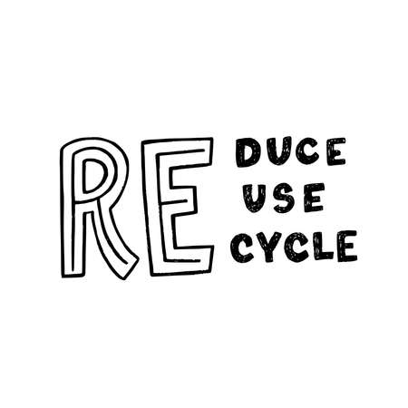 Hand drawn lettering composition with three RE. Typographic zero waste message Reduce Reuse Recycle calling for ecology mindset. Unique font slogan for print, poster, web site, blog, cover, apparelのイラスト素材