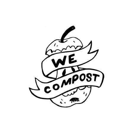 Ribbon with lettering phrase We Compost wrapping up sketchy apple core. Black and white illustration of eco life. Typography hand drawn text calling for organic waste sorting, collection, compostingのイラスト素材