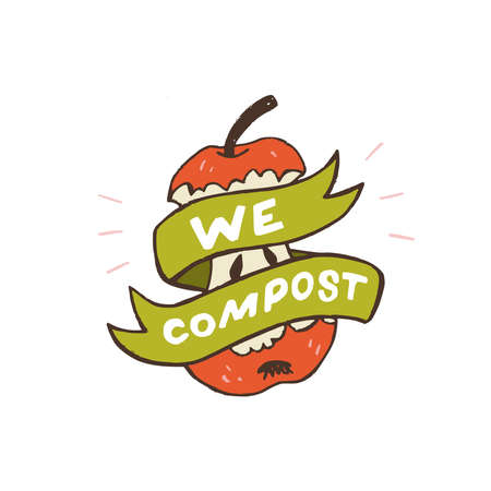 Decorative green ribbon with lettering slogan Learn To Compost wrapping up red apple core. Cartoon style image of zero waste lifestyle. Typographic handdrawn phrase to use organic peeling and scrapのイラスト素材