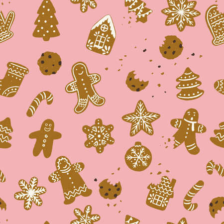 Seamless pattern with bunch of hand drawn holiday cookies. Christmas tree, toy, star, snowflake, gingerbread man, house, sock. Background for Christmas cookie recipe, blog, bakery or holiday card.のイラスト素材