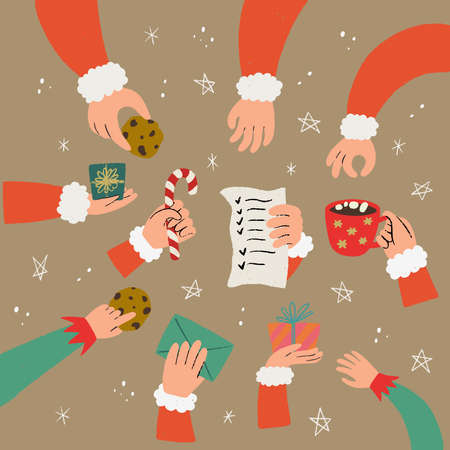 Set of hand drawn Santa and elf hands holding list, envelop, letter, mail, candy cane, mug with hot chocolate, gift box, present, grabbing a cookie and reaching for smth. Holiday Christmas stickersのイラスト素材