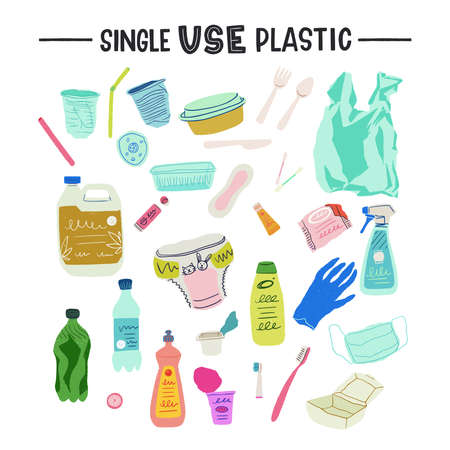 Single Use Plastic hand lettering inscription and set of clipart with used plastic objects. Hand drawn illustration with collection of different types of plastic garbage isolated on white backgroundのイラスト素材