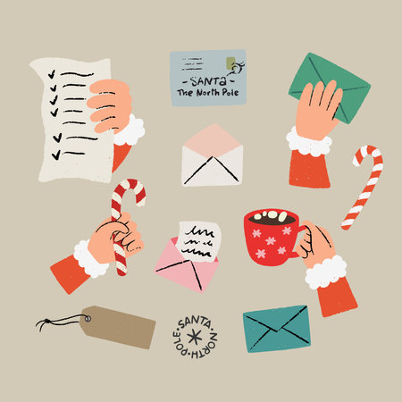 Set of hand drawn Santa's hands, holding list, envelop, candy cane and mug with hot chocolate. Letters for Santa Claus, gift tag clipart. Holiday stickers with Christmas mail.のイラスト素材