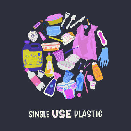 Circle composition made of different types of single use plastic and nondegradable garbage objects. Clipart for showing ecological problems, landfill and earth pollution with trash and waste.のイラスト素材