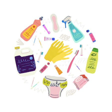 Circle composition made of different types of single use plastic used in house holding. Hand drawn housecleaning and hygiene products - rubber gloves, bottles, diapers, lip balm, toothbrush, detergentのイラスト素材