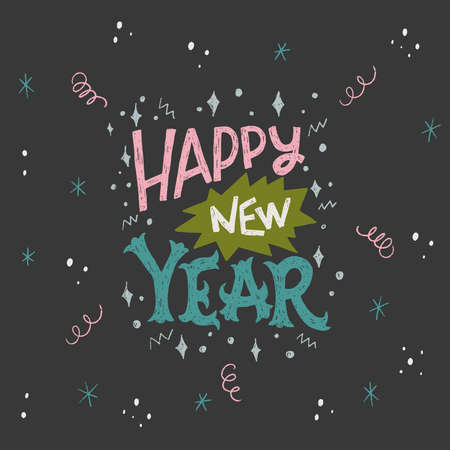 Hand lettering inscription Happy New Year with doodles, sketched stars, swirls and snow. Hand drawn text for winter holiday greeting card, print, post. Creative and unique handwriting with Xmas mood.のイラスト素材