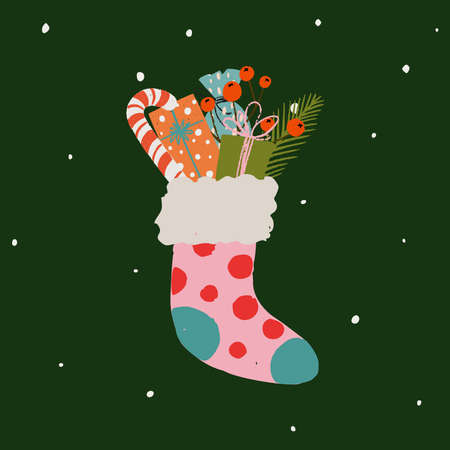 Hand drawn illustration of Christmas stocking full of presents, gift boxes sweets and holiday decorations.Winter design for greeting card, poster, print for bag or t-shirt, sticker.のイラスト素材