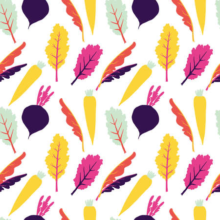 Seamless pattern with leafy greens and root vegetables. Hand drawn texture with culinary motifs for...