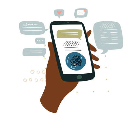 Hand drawn illustration of hand holding smartphone and showing presentation on screen of cell phone. Cartoon interface of chat, website, online digital newspaper, mobile application for communication.のイラスト素材
