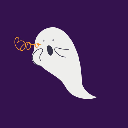 Spooky cartoon ghost with Boo lettering, isolated on purple background. Funny hand drawn childish illustration of poltergeist for Halloween.のイラスト素材