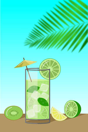 mojito cocktail on a palm tree background. Flat cartoon vector illustrationのイラスト素材