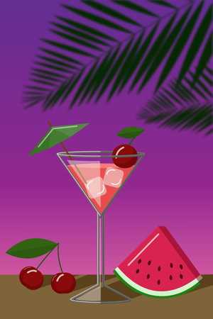 cherry daiquiri cocktail on a palm tree background. Flat cartoon vector illustrationのイラスト素材