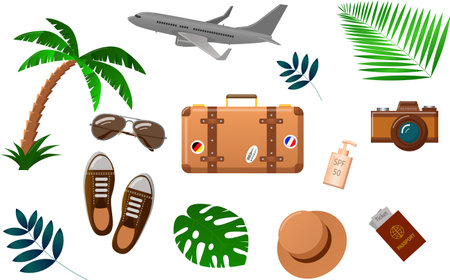 A set of vector illustrations for travel. A collection of items for leisure or travel. suitable for stickers, magazine and advertising products. Flat cartoon vector illustrationのイラスト素材