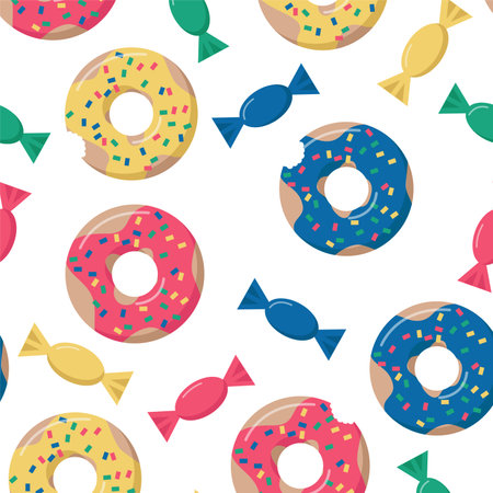 sweet pattern with donuts and sweets. colorful and delicious. ideal for textiles, wallpaper, background. children's clothes. cartoon vector illustrationのイラスト素材