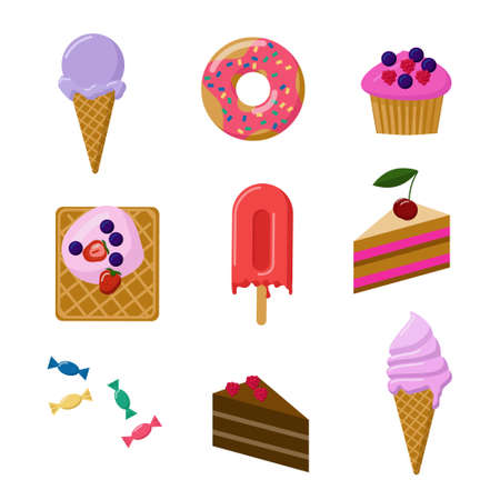 desserts. sweet food. Ice cream, cakes, donuts, muffins, candies, waffles. cartoon vector illustration.のイラスト素材