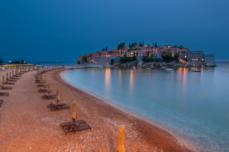 Beach before Sveti Stefan Island in the late eveningのeditorial素材