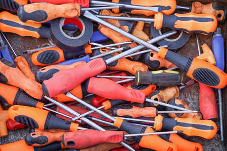 Big bunch of screwdrivers with plastic handlesの写真素材