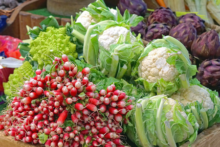 Red radish cauliflower and romanesque pileの写真素材