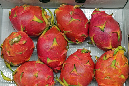 Pitaya red dragon fruit in crateの写真素材