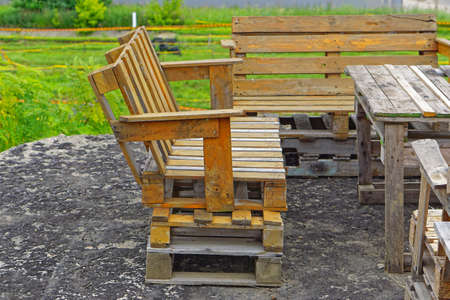 Bench made from used cargo pallets recyclingの写真素材