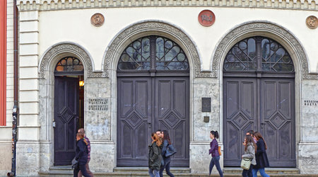 Belgrade, Serbia - October 07, 2019: Students in front of Faculty of Philosophy at University of...