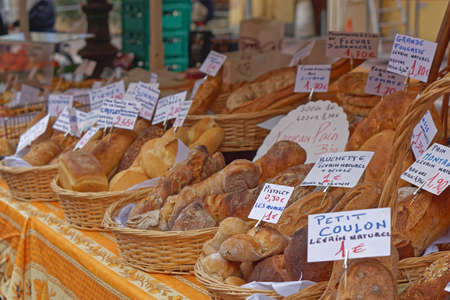 Nice, France - February 03, 2016: French bakery bread stall at farmers market in Nice.のeditorial素材