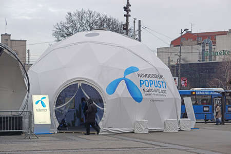 Belgrade, Serbia - December 14, 2016: Temporary geodesic dome structure at city square Telenor phone company campaign.のeditorial素材