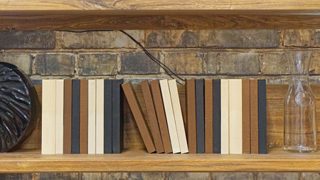 Collection of books at wooden wall bookshelf