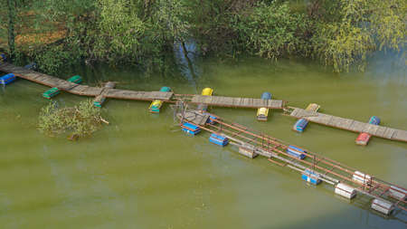 Floating pontoon bridge for pedestrians during river floodsの写真素材