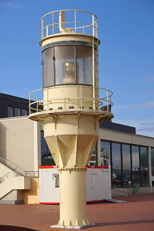 Bremerhaven, Germany - October 20, 2018: Lantern from lightship Fehmarnbelt schooner in front of German maritime museum building landmark.のeditorial素材