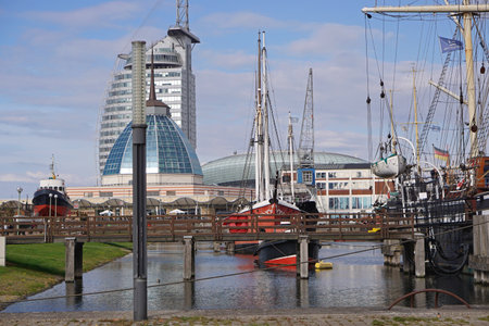 Bremerhaven, Germany - October 20, 2018: Mein outlet shopping center view from German maritime museum dock fall day.のeditorial素材