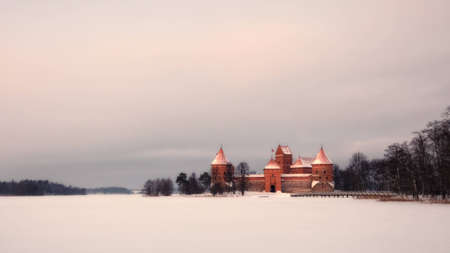 Trakai Island Castle located in Trakai on an island of Lake Galve. 16x9 wide screen aspect ratio background.の写真素材