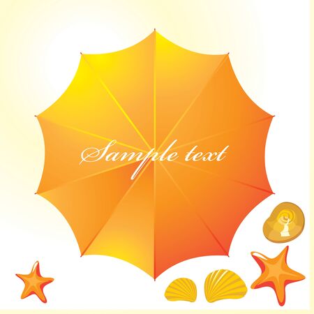Orange beach umbrella, starfish and seashells.のイラスト素材