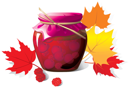 Fruit jam in a glass jar and autumn leaves.のイラスト素材