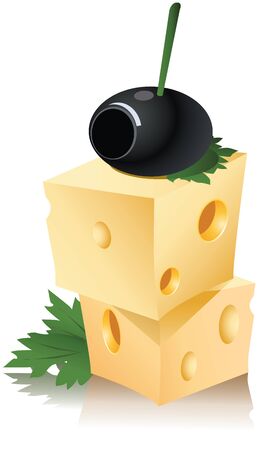 Two pieces of cheese and olive on skewers.のイラスト素材