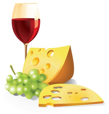 Still-life with a glass of red wine, a piece of cheese and a bunch of grapes.のイラスト素材