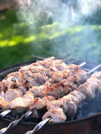 Roasted meat on skewers, cooked at barbecue outdoors on a sunny day.の写真素材