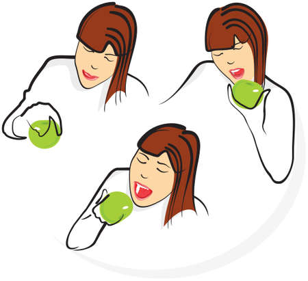 A girl bites a green apple, three stages of action.のイラスト素材