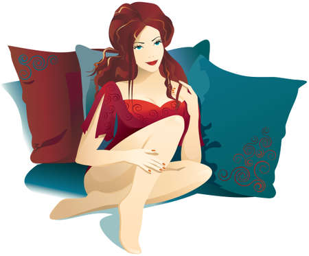 Beautiful girl sitting leaning on the pillows.のイラスト素材