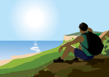 A tourist sits on a mountain and enjoys the view of the sea.のイラスト素材