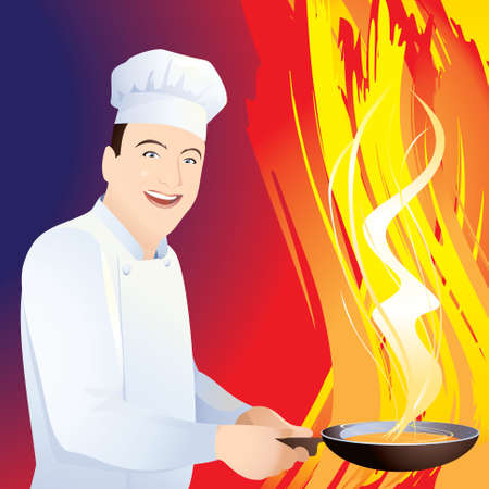 Smiling chef cooks food in a skillet.のイラスト素材