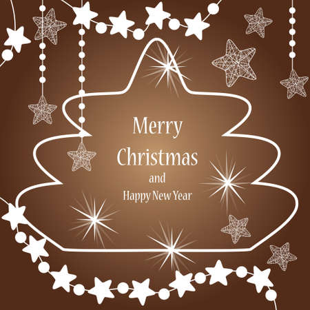 Brown background with white contour of Christmas tree, Christmas-tree decorations and garlands.のイラスト素材