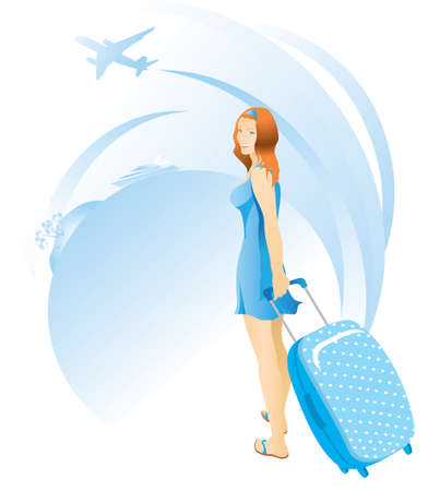 Smiling girl in a blue dress with a suitcase on the background of a yacht and an airplane. Vector.のイラスト素材