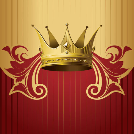 Beautiful crown on gold with a burgundy background, decorated with stripes and leaves and monograms. Vectorのイラスト素材
