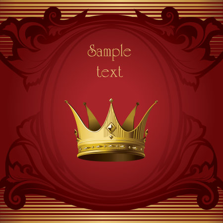 Gold crown on a beautiful burgundy background, decorated with leaves, monograms and gold stripes. Vectorのイラスト素材