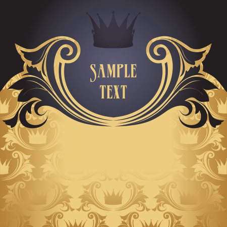 Elegant gold background with a seamless ornament of crowns and a beautiful dark blue free place for the text, decorated with monograms, curls and leaves. Vectorのイラスト素材
